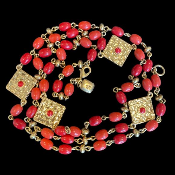Designer RALPH LAUREN Red/Coral Color Station Bead Medallion Layering Necklace - Picture 1 of 7